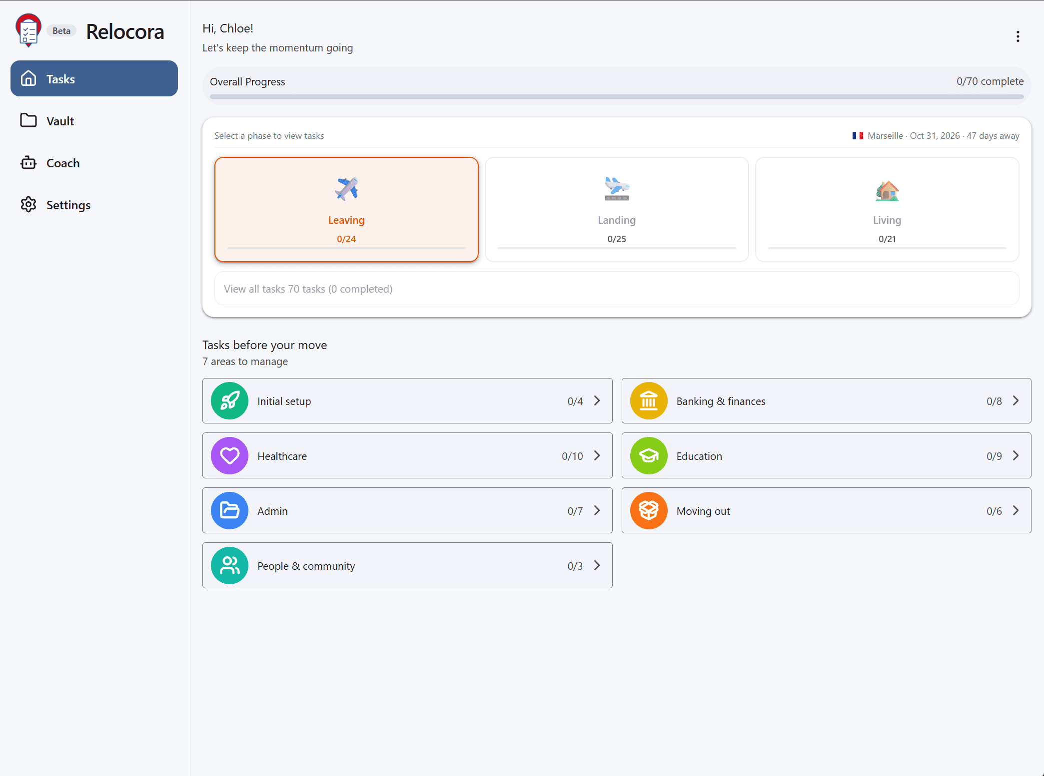 Mission Control avec la phase Leaving sélectionnée