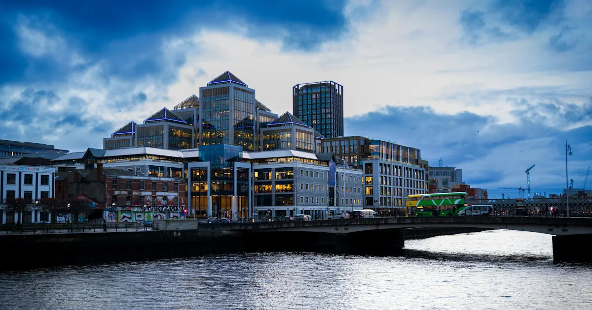 Dublin office buildings along the river on an overcast day